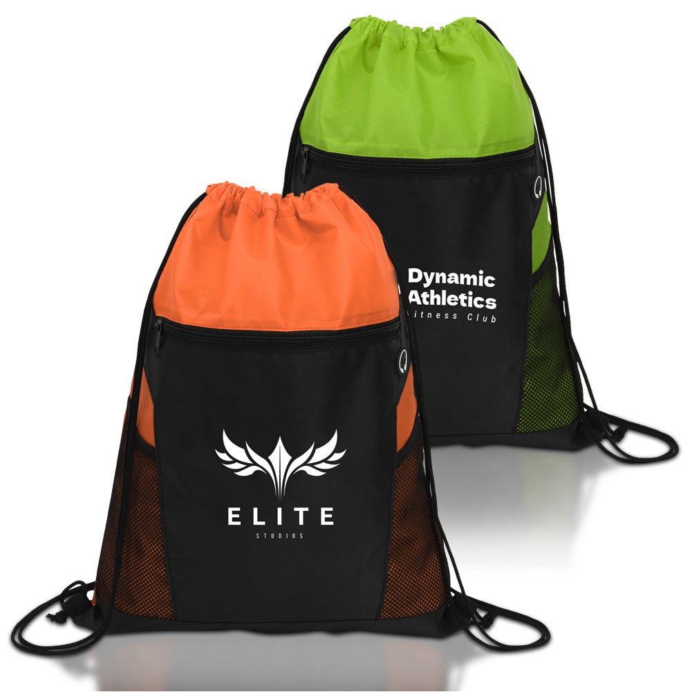Promotional Zippered Drawstring Backpack With Mesh Pockets